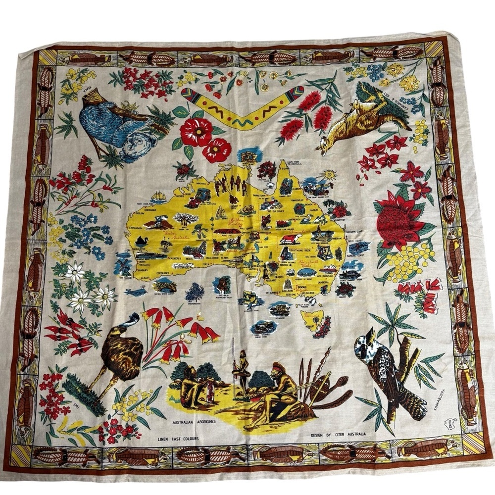 Citer Australia Linen Table Cloth Wall Hanging 54x54" Textile Map Flora Fauna